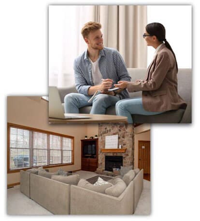 Two images depicting the interior of the Prosperity Haven rehabiliation house and a man and woman discussing something on the couch